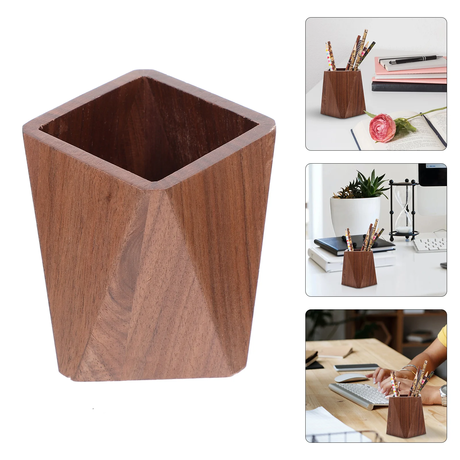 

1pc Wooden Pen Holder Natural Wood Texture Smooth Surface Fine Craftsmanship Desktop Storage Basket For Office Home Stationery