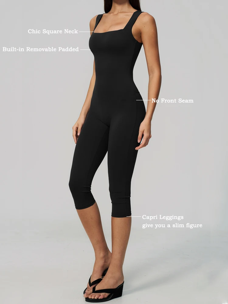VITALINOVO Women's Sleeveless Yoga Romper Square Neck One Piece Seamless Padded Tank Top Jumpsuit Capri Leggings Workout Rompers