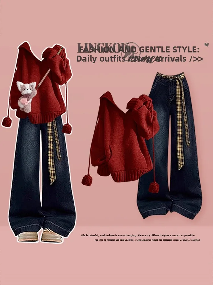 

Fashionable Large Size Autumn Set Women's Maturity Style Red Hoodie American Slimming Vintage Jeans Two-Piece Set High Waist