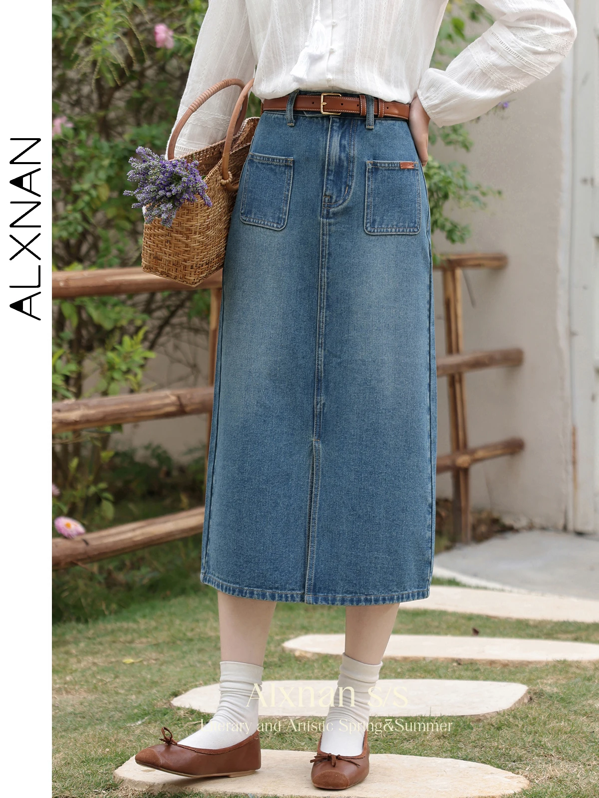 ALXNAN Retro Washed Cotton Denim Skirt Women 2024 Summer Fashion Female Clothing Casual Split Midi Jean Skirts Pockets L33805