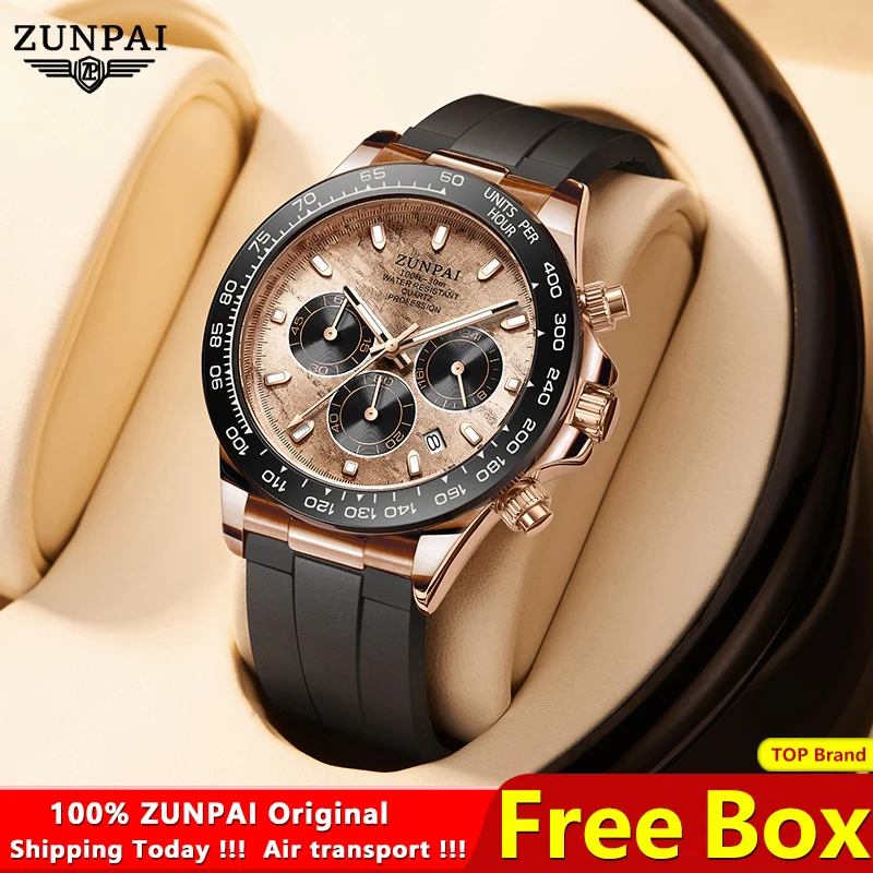 ZUNPAI Original Watch for Men Waterproof Sports Rubber Diving Wristwatches Golden 2024New Fashion Luxury TOP Brand