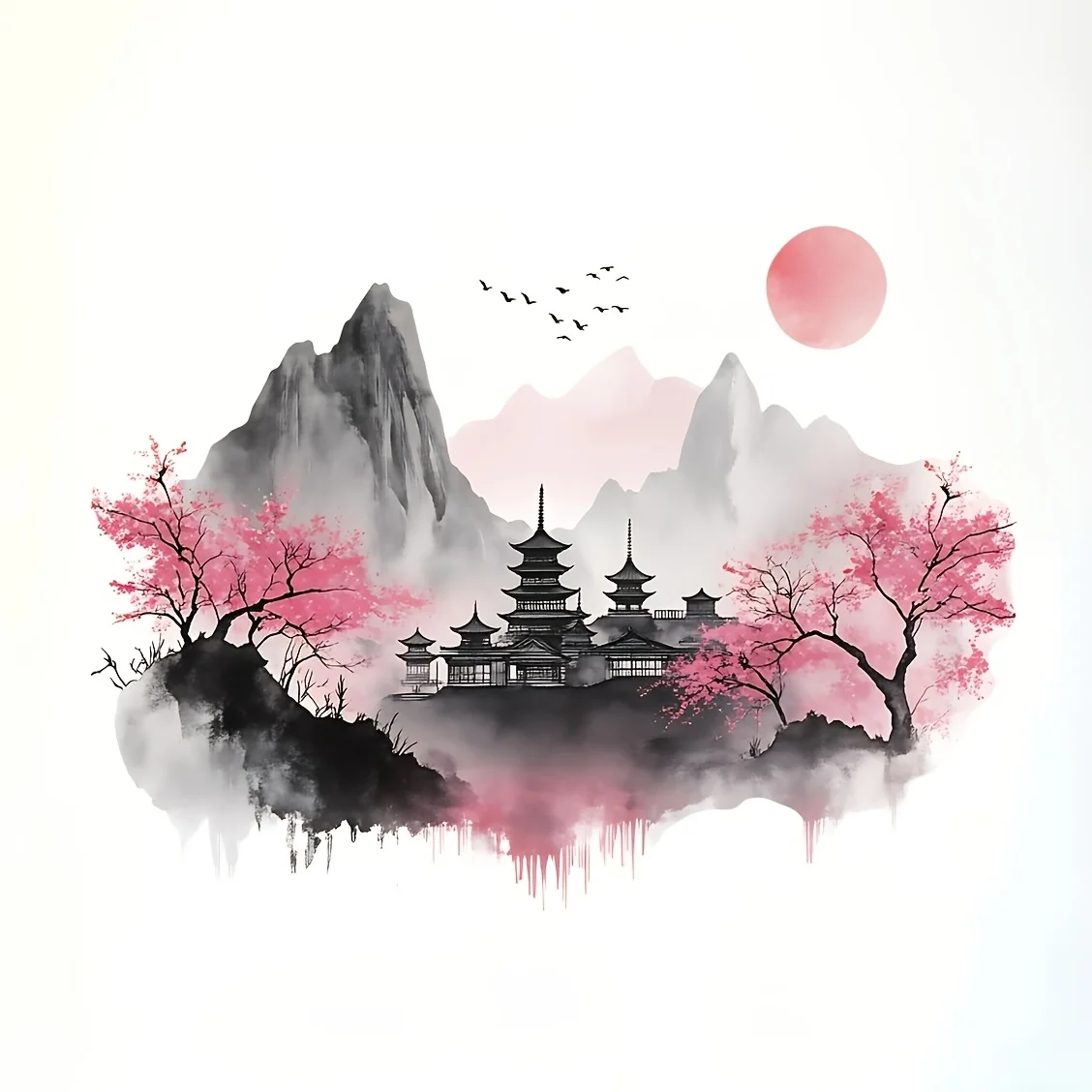 1 Ink-Style Landscape Wall Sticker, Cherry Blossom Pagoda National Style Decorative Sticker, Suitable for Chinese-Style Home Atmosphere Decoration, for Those Who Love National Style Aesthetics