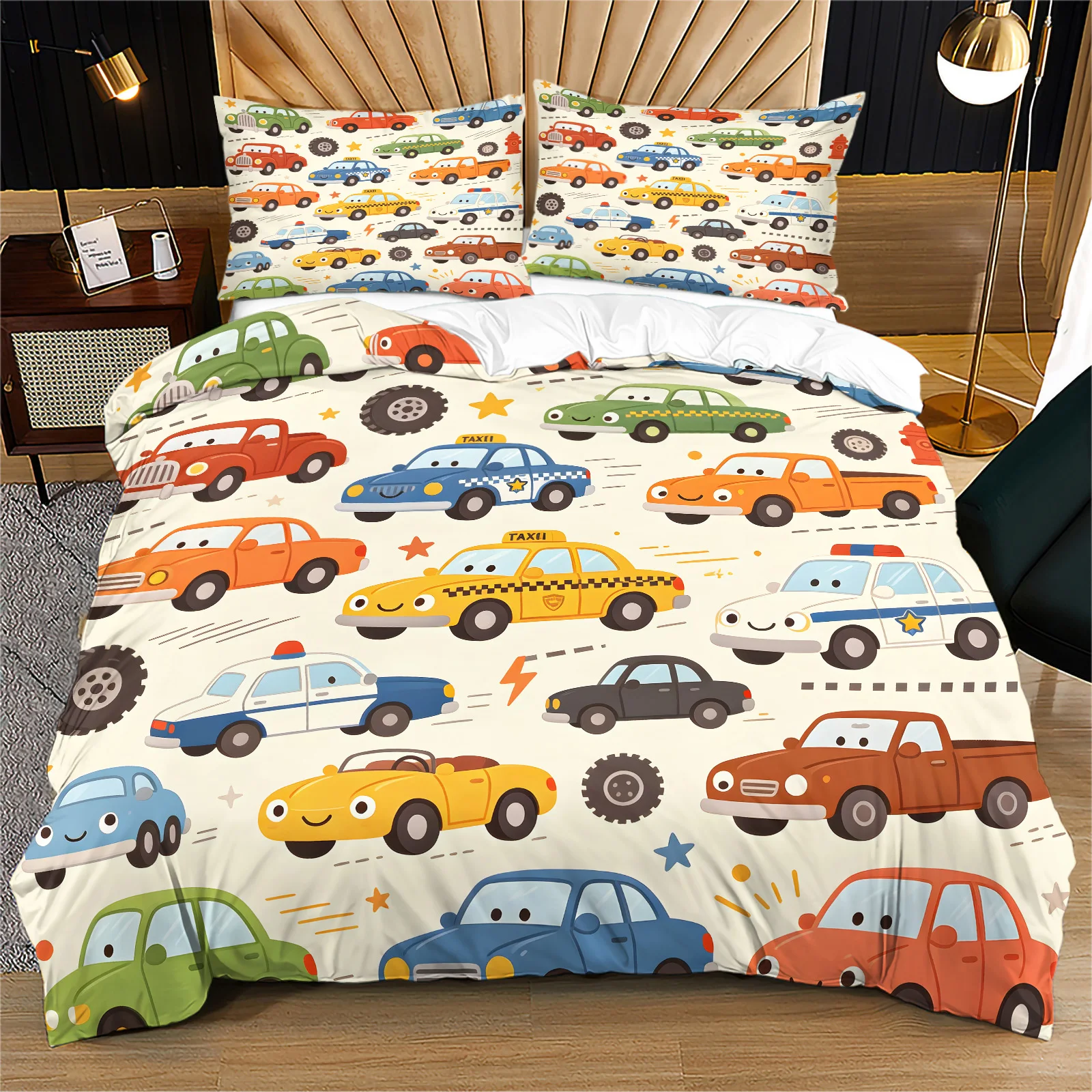 Cartoon Vehicle Duvet Cover Set Colorful Car Taxi Police Truck Print Bedding Set Zipper Soft Duvet Cover with Pillowcases Decor