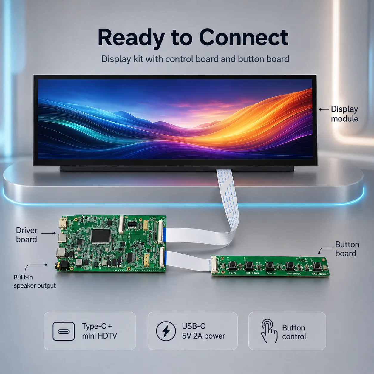 LESOWN 14.1 Inch Pantalla Monitor Panel 1920x550 400cd/m2 Bar LCD Module Driver-Free Type-C Mini HDTV Kit with Audio Speaker