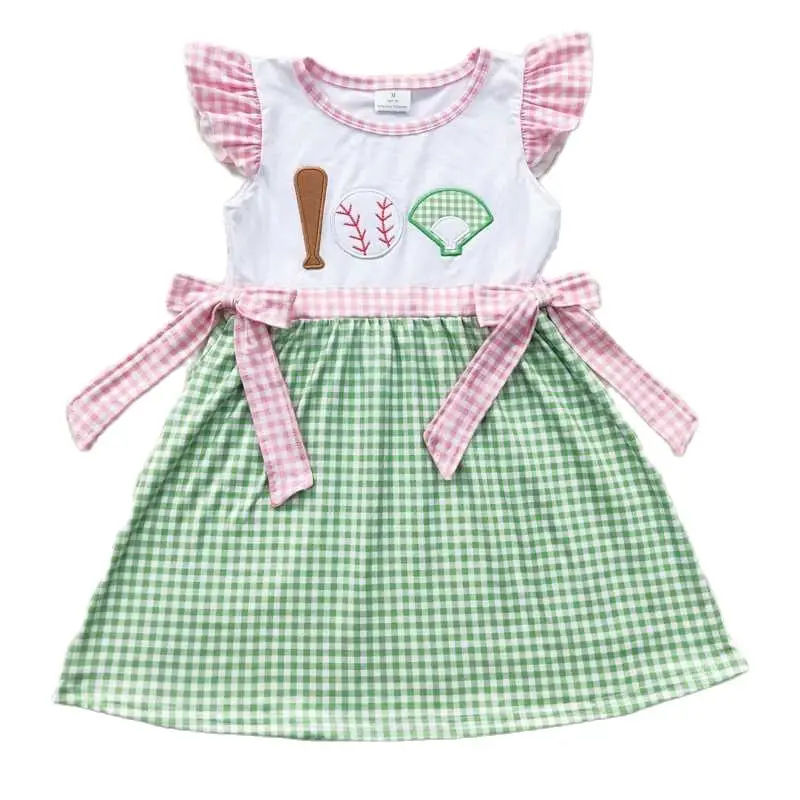 

Pink Embroidered Baseball Green Plaid Fly-Sleeve Dress