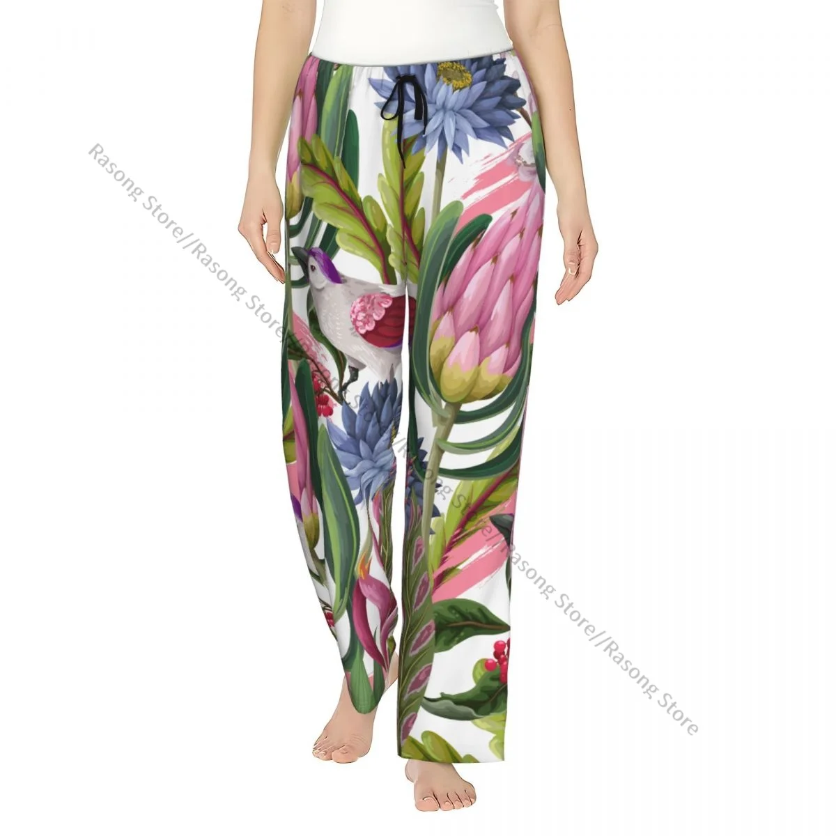 

Protea Tropical Flowers And Birds Flannel Pajama Pants for Women Soft Warm Sleep Pants with Elastic Waistband