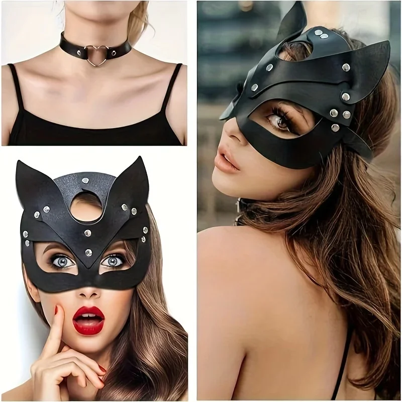 Bunny Fox Cosplay Accessories Set Including Black PU Leather Cat Fox Mask Collar Halloween Party Decorations