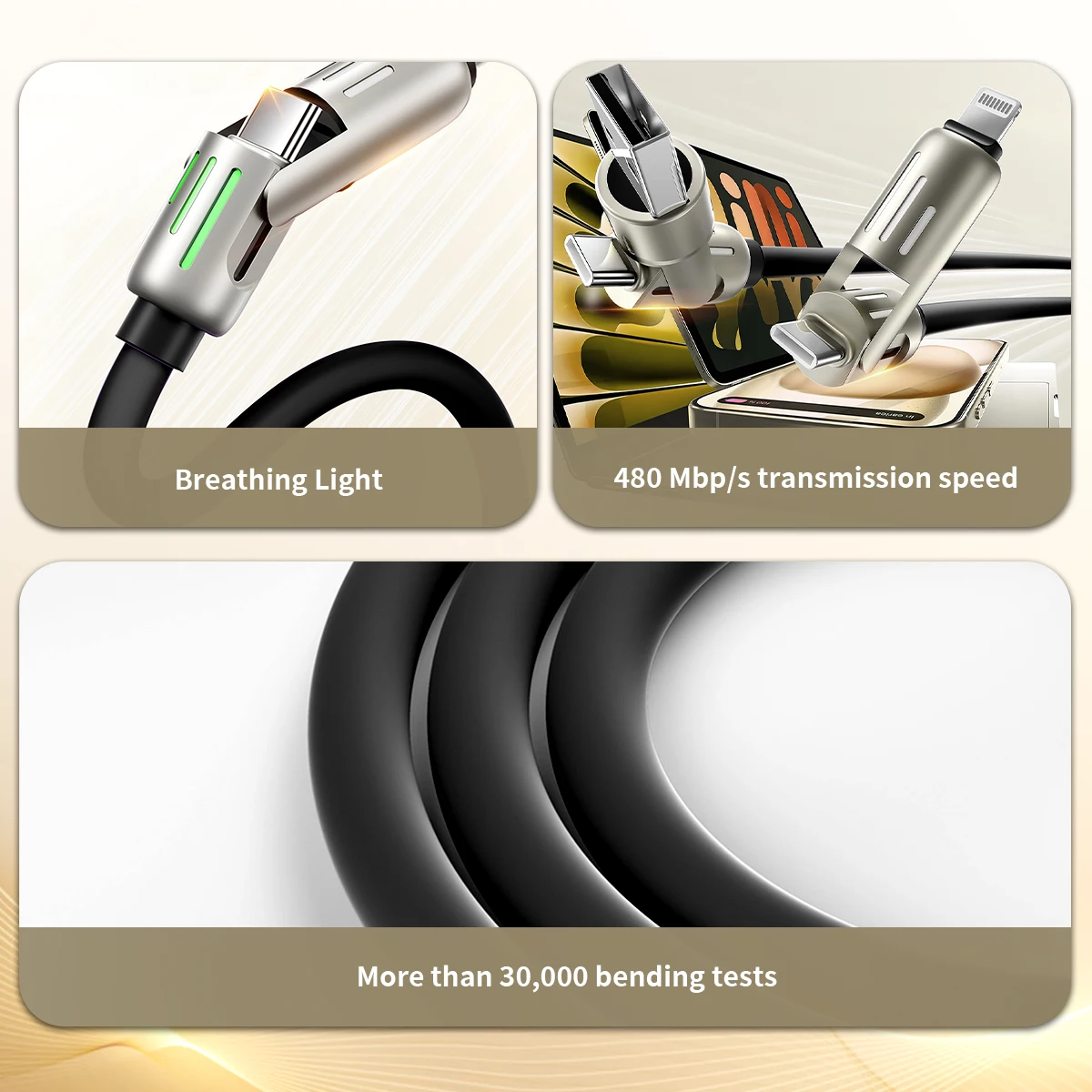 كابل بيانات من النوع C، غلاف دائري احترافي، كابل USB C إلى USB C، أضواء تنفس ملونة فعالة لأجهزة الكمبيوتر المحمولة لأجهزة الكمبيوتر المحمولة