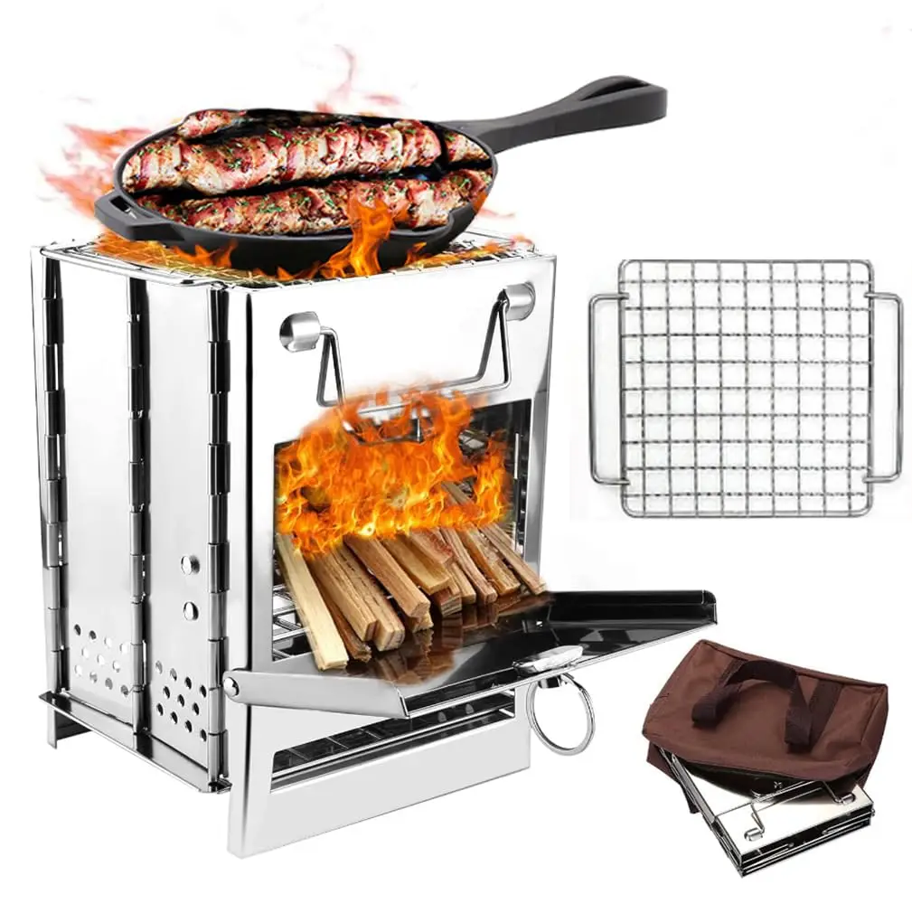 Camping Houtkachel Met Grill Inklapbare Backpacking Survival Raket Kachel Rvs Kampvuur Kachel