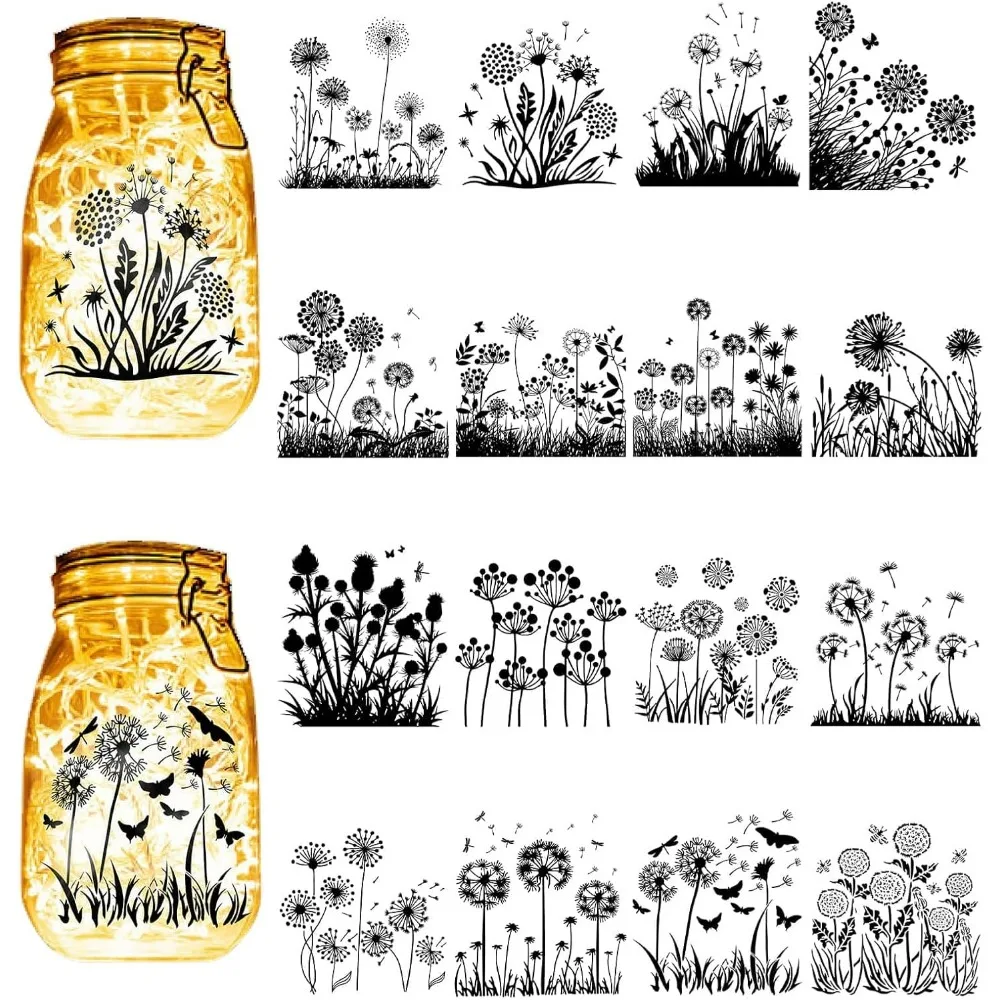 16Pcs Dandelion Silhouettes Mason Jar Decor Butterfly Lantern Laser Cutouts Ornaments Scrapbook Dragonfly Bee for Frosted Glass