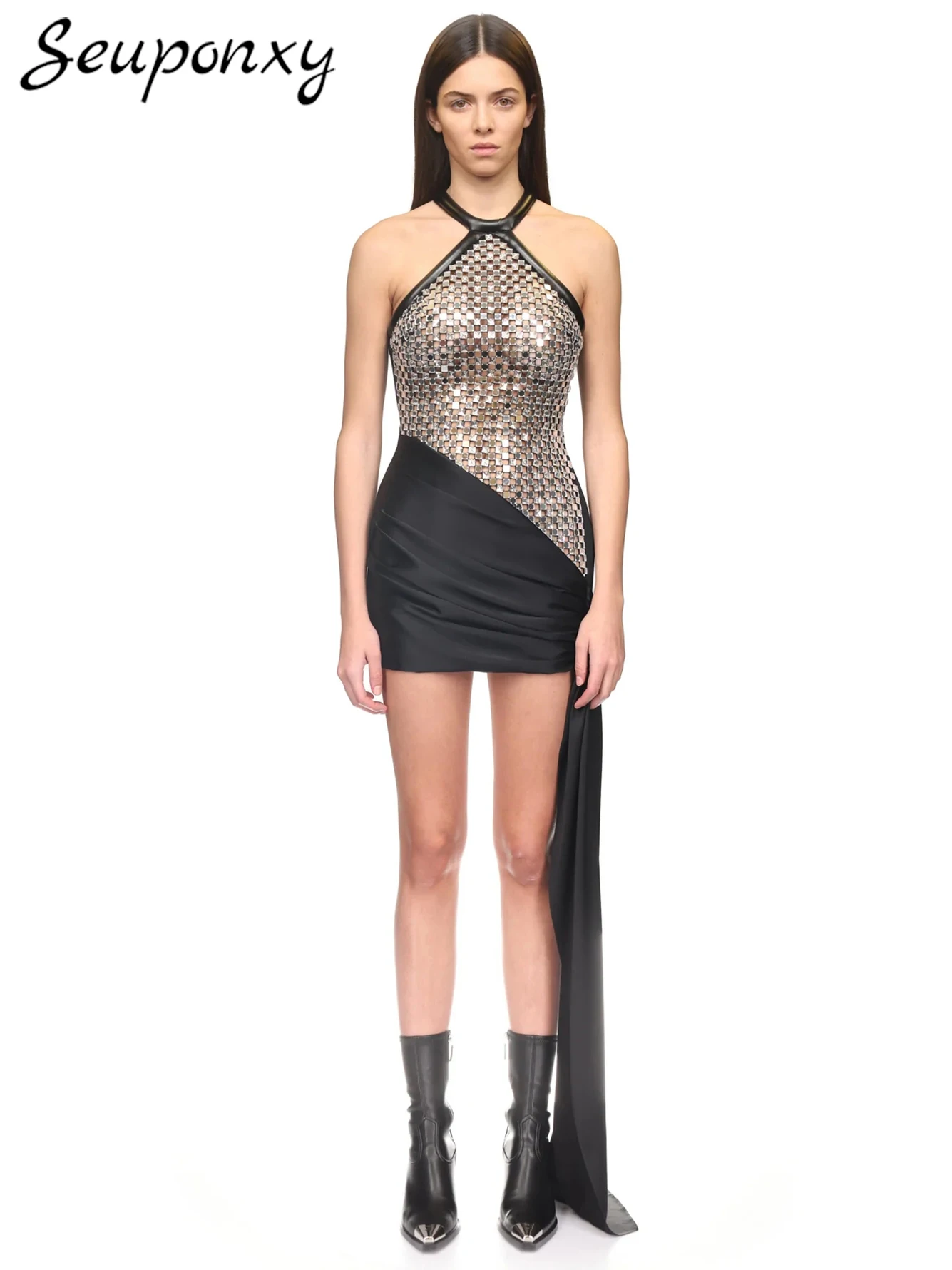 

High Quality Women'S Sexy Sleeveless V-Neck Hollowed Out Sequin Diamond Bandage Mini Dress Celebrity Club Party Dress Vestidos