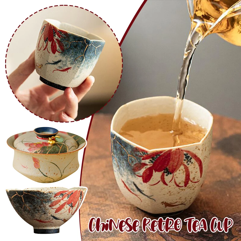 Hand-painted Lotus Leaf Koi Fish Ceramic Tea Set Retro Upscale Chinese Tea Cups Tea Bowl Ordinary Packaging/Gift Box Packaging