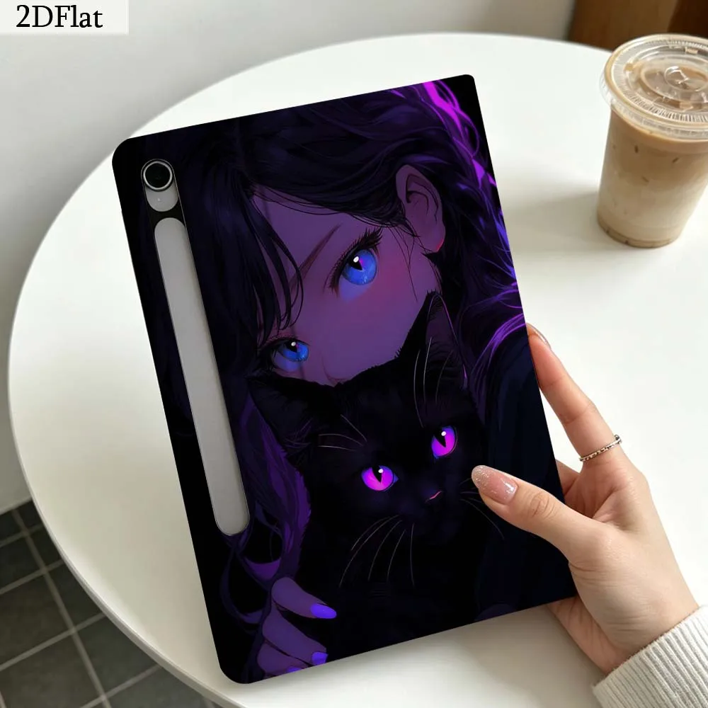 Cartoon Black Cat Girl Blue Eyes For Samsung Galaxy Tab S11 S10 S9 S8 S7 S6 A11 A10.1 A9 A8 A7 Ultra FE Plus Soft Tablet Case
