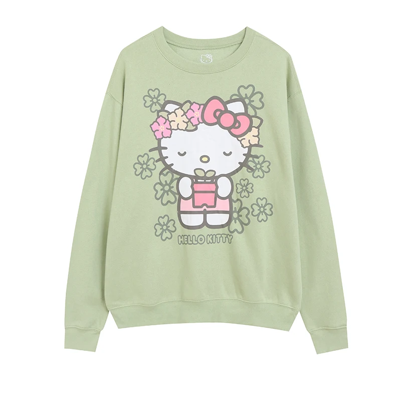 Cute Sanrio Hello Kitty Round Neck Long-sleeved Sweatshirt Women Anime Kt Cat Students Loose Velvet Cartoon Pullover Coat Tops