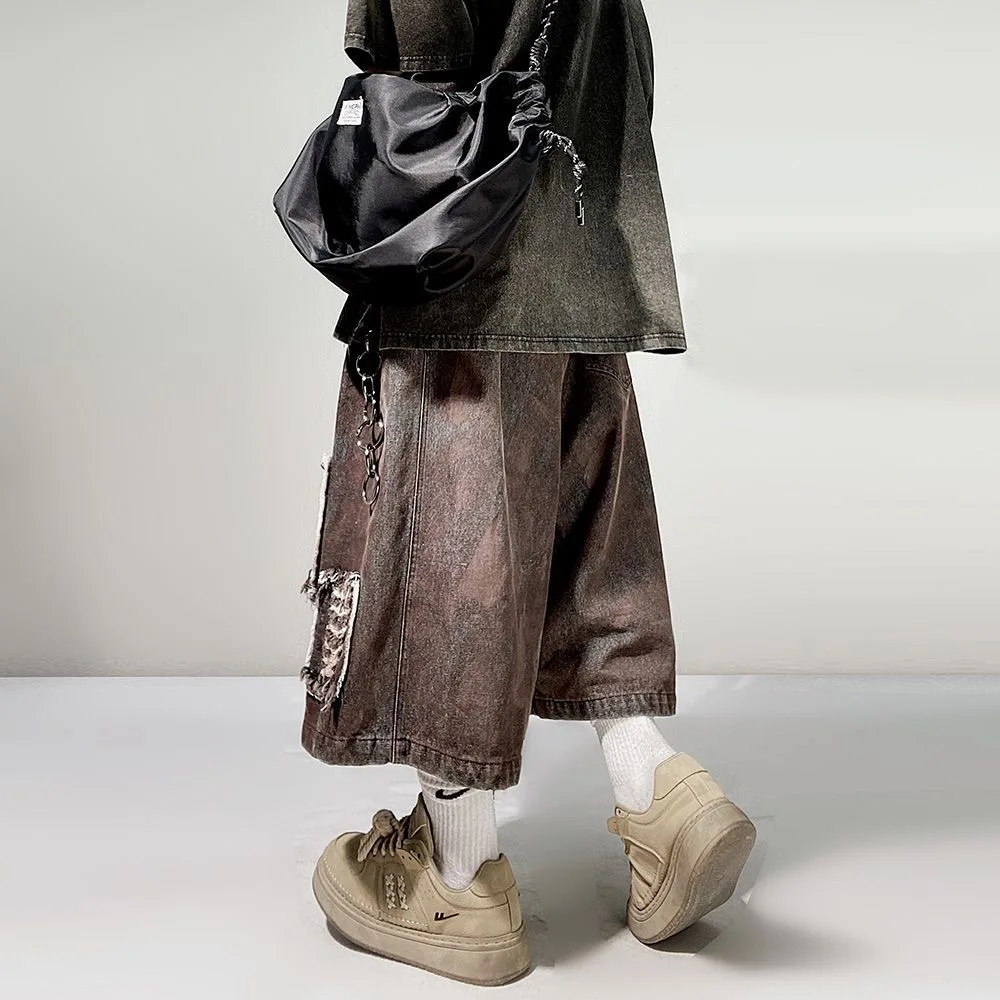 ARENS Ripped Hole Denim Shorts Mens Streetwear Hip Hop Knee Length Pants Harajuku Vintage Baggy Casual Wide-leg Short Male