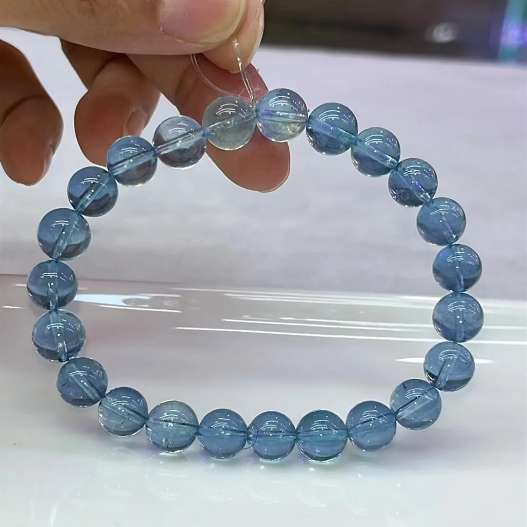 Natural Blue Aquamarine Clear Round Beads Bracelet 8.2mm Women Men Brazil Stretch Blue Aquamarine Jewelry AAAAA