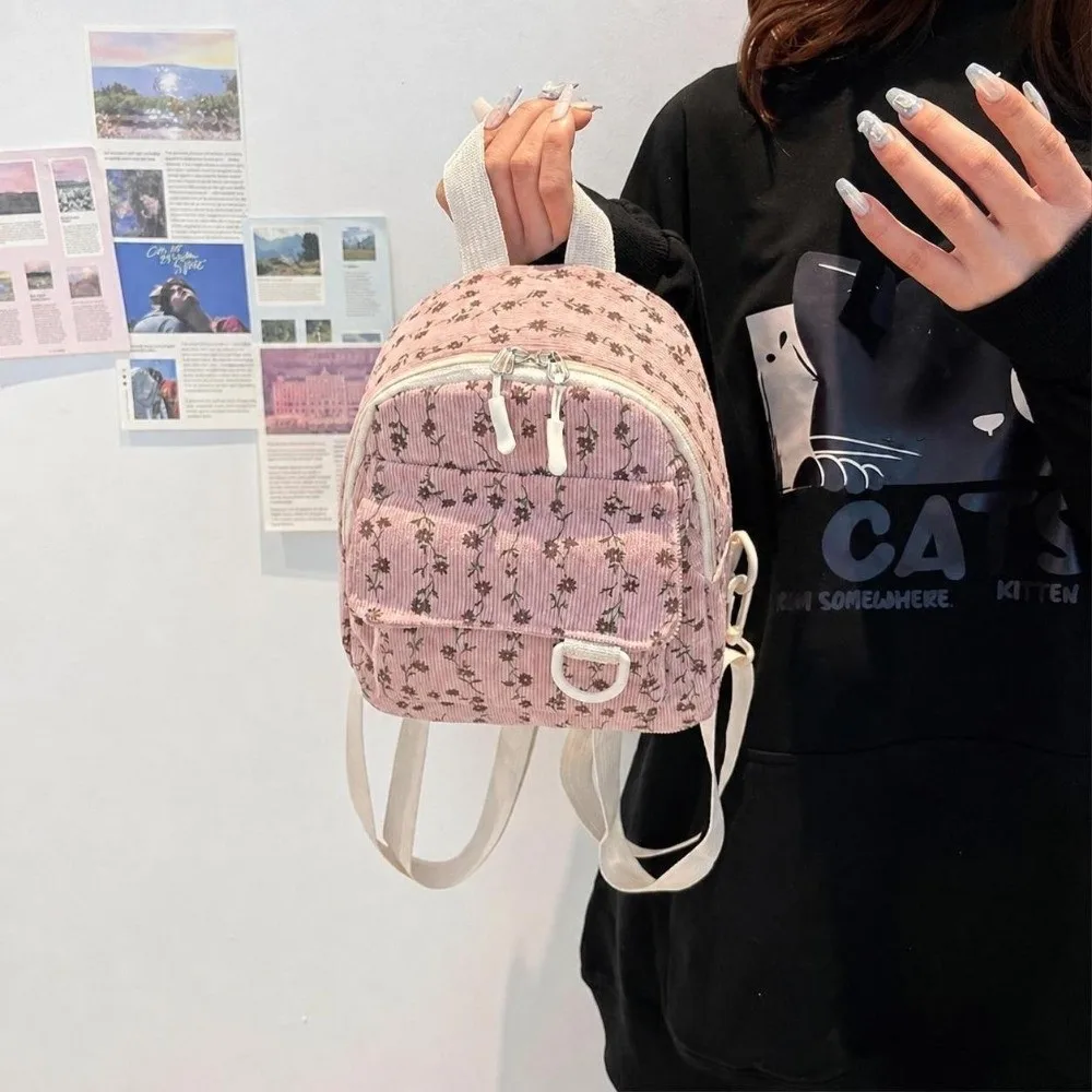 Fashion Mini Travel Backpack Adjustable Shoulder Strap Flower Pattern Small Backpack Corduroy Students Schoolbag Women