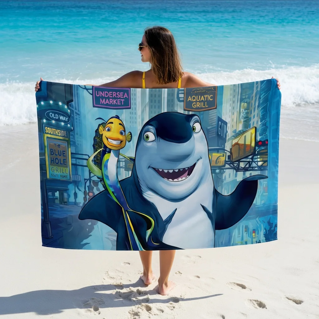 Cartoon Shark Beach Towel Undersea City Life Large Bath Towel for Kids Boys Teens Sand Free Pool Mat Travel Picnic Blanket