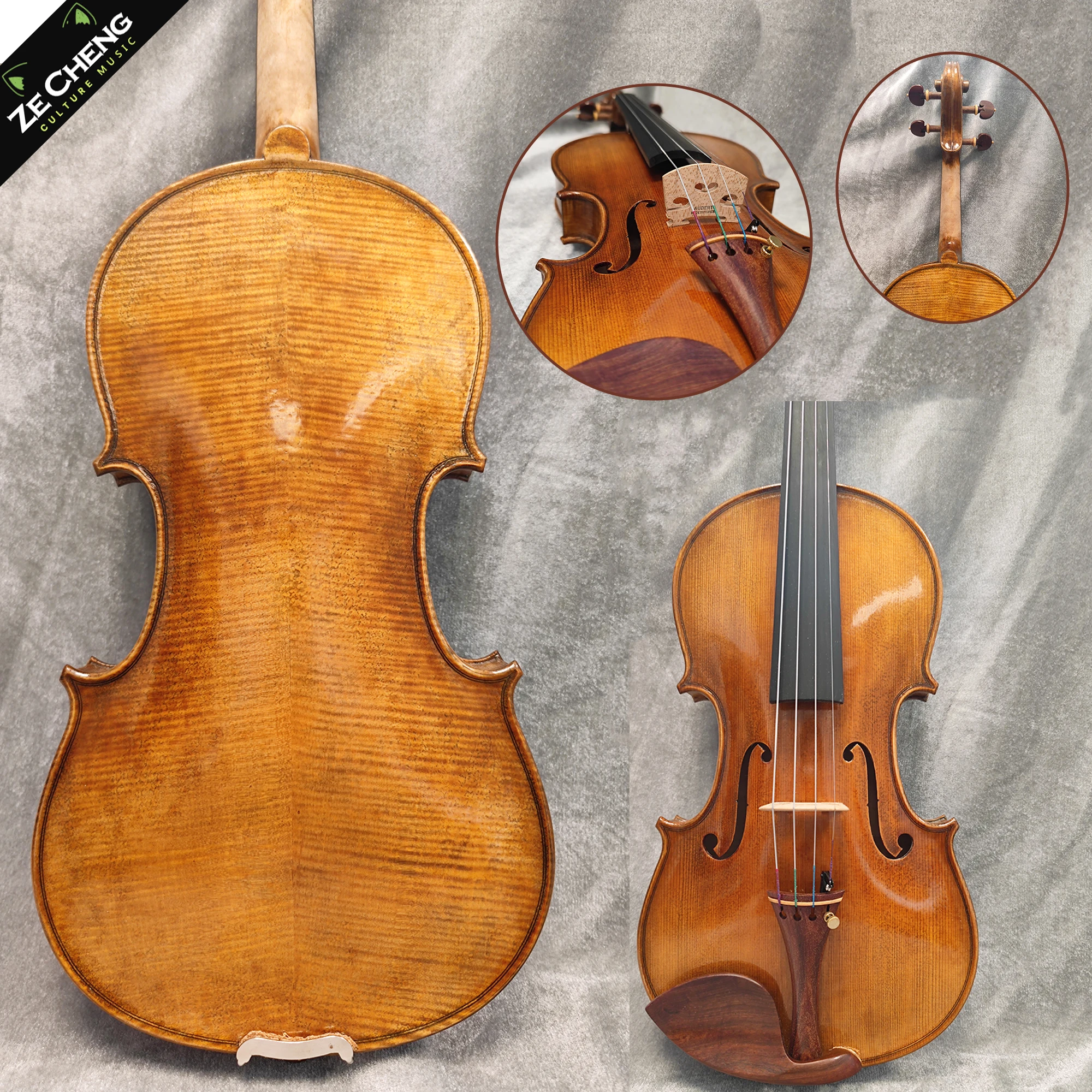 Professional 4/4 Handmade Violin, Antique Finish, Flamed Maple, Rosewood Fittings, Hand-Rubbed Varnish, Outfit with Case, Bow