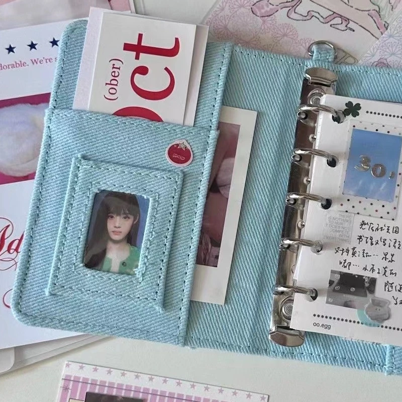 M5 Binder Kpop Photocard Holder Pink Blue Denim Heart Binder with Elastic Band Photo Card Collection Book Idol Photo Album  다이어리