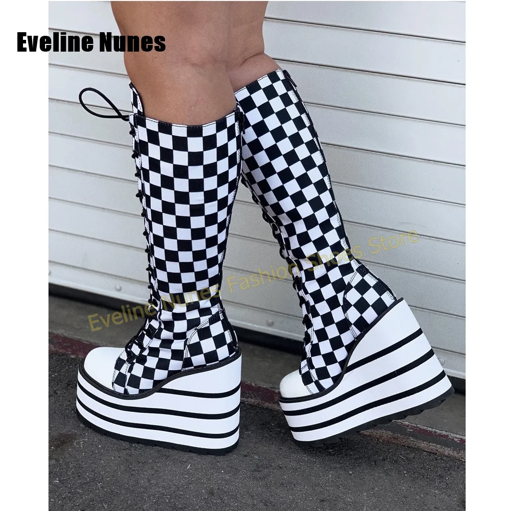 Women Pink White Checkerboard Platform Boots Round Toe Wedge Lace Up Y2K Street Style Women Knee High Boots 2026 Cosplay Trend view 4