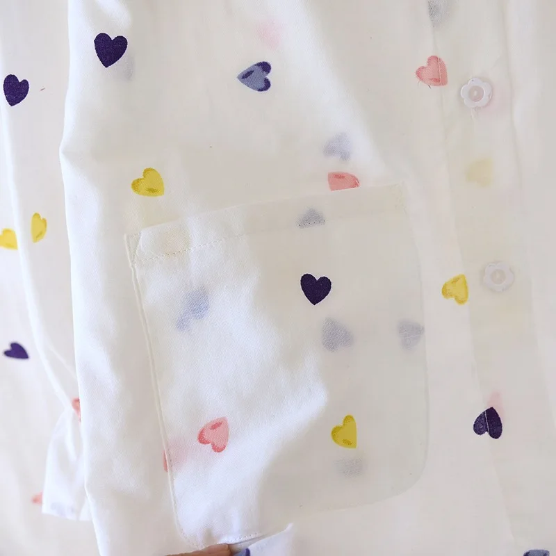 Pijamas de algodón de doble hilo para mujer, pantalones de manga larga con cuello de muñeca Simple, ropa para el hogar, ropa fina y holgada para el hogar, primavera y otoño