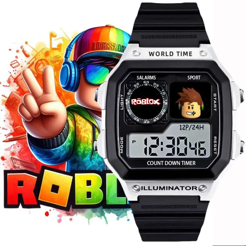 Game ROBLOX Creative Peripheral Cartoon Children's Black Silver Digital Waterproof Watch Gift Watch Decoration Daily Necessities