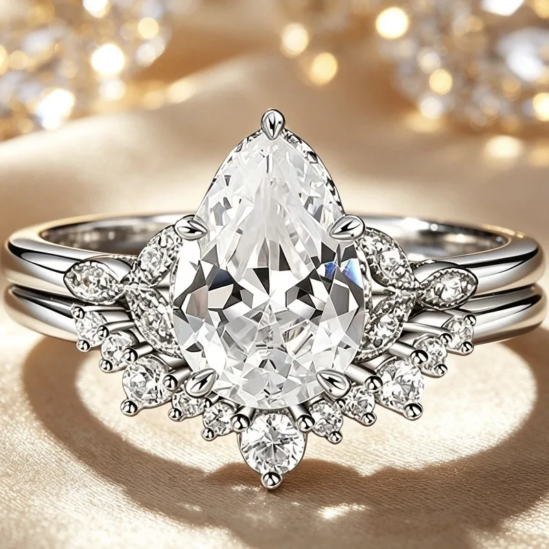 Huajie 2Pcs/sets Water Drop Sparking Cubic Zirconia Promise Rings for Women Elegant Shining Wedding Jewelry Fashion Accessories