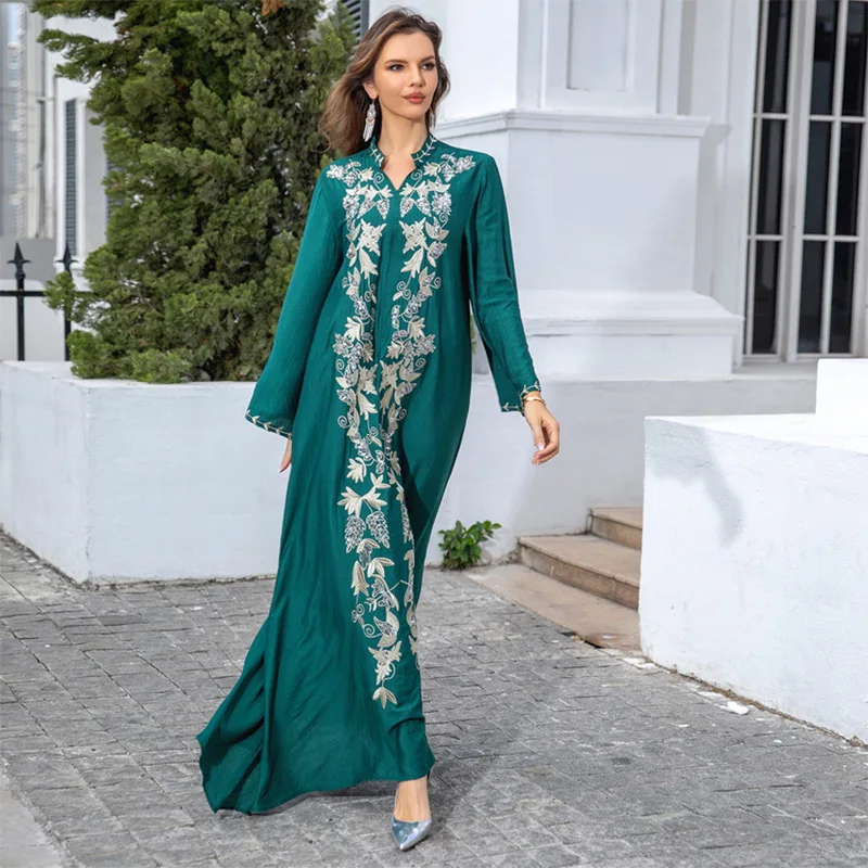 Abaya For Women Fashion Dubai O-neck Arab Versatile Robe Long Sleeves Dress Embroidery Long Dress Muslim Ramadan Gurban Abaya