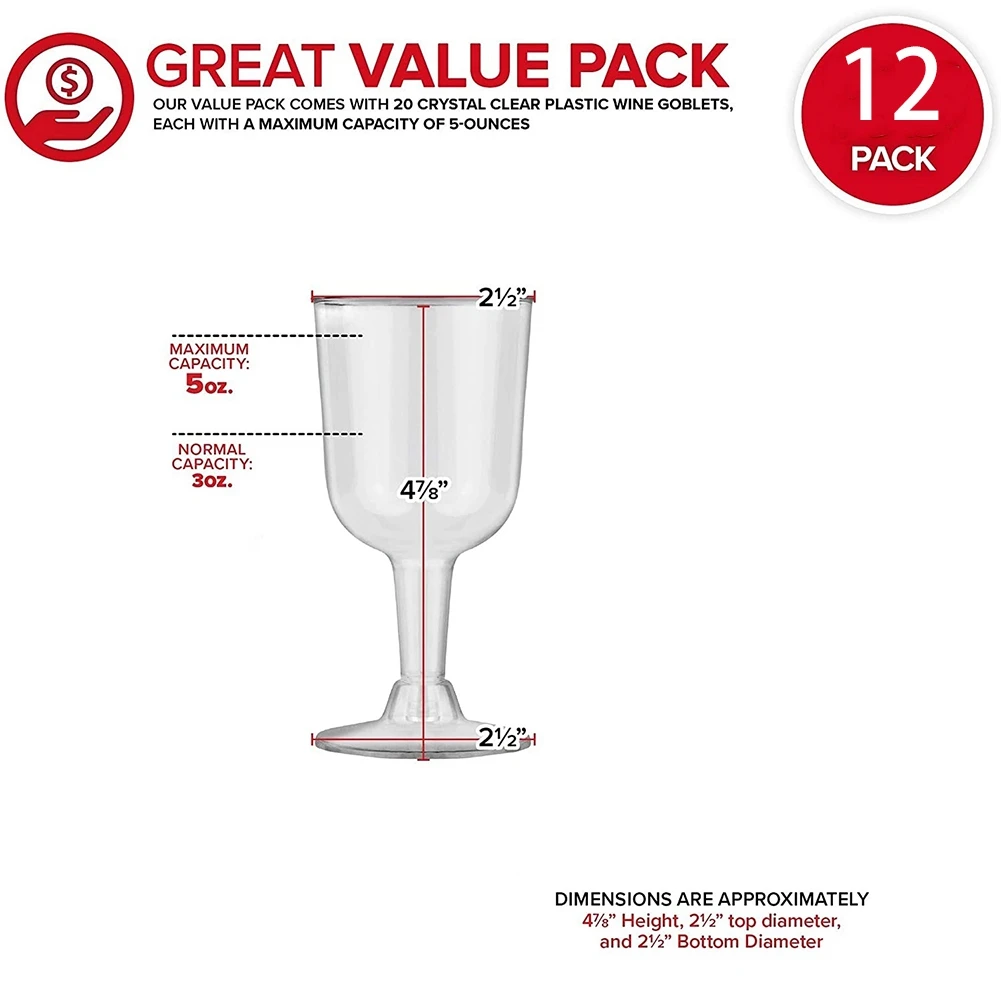 Clear Plastic Wine Glass Recyclable - Shatterproof Wine Goblet - Disposable & Reusable Cups for Champagne Dessert 12Pcs