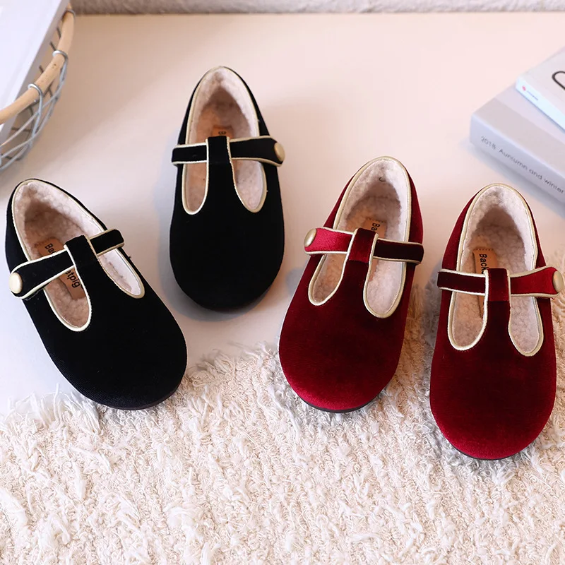Girls Flats Shoes Fashion Velvet Outside Material Winter Warm Artificial Lamb Wool Children Casual Shoes Spring Autumn Kids