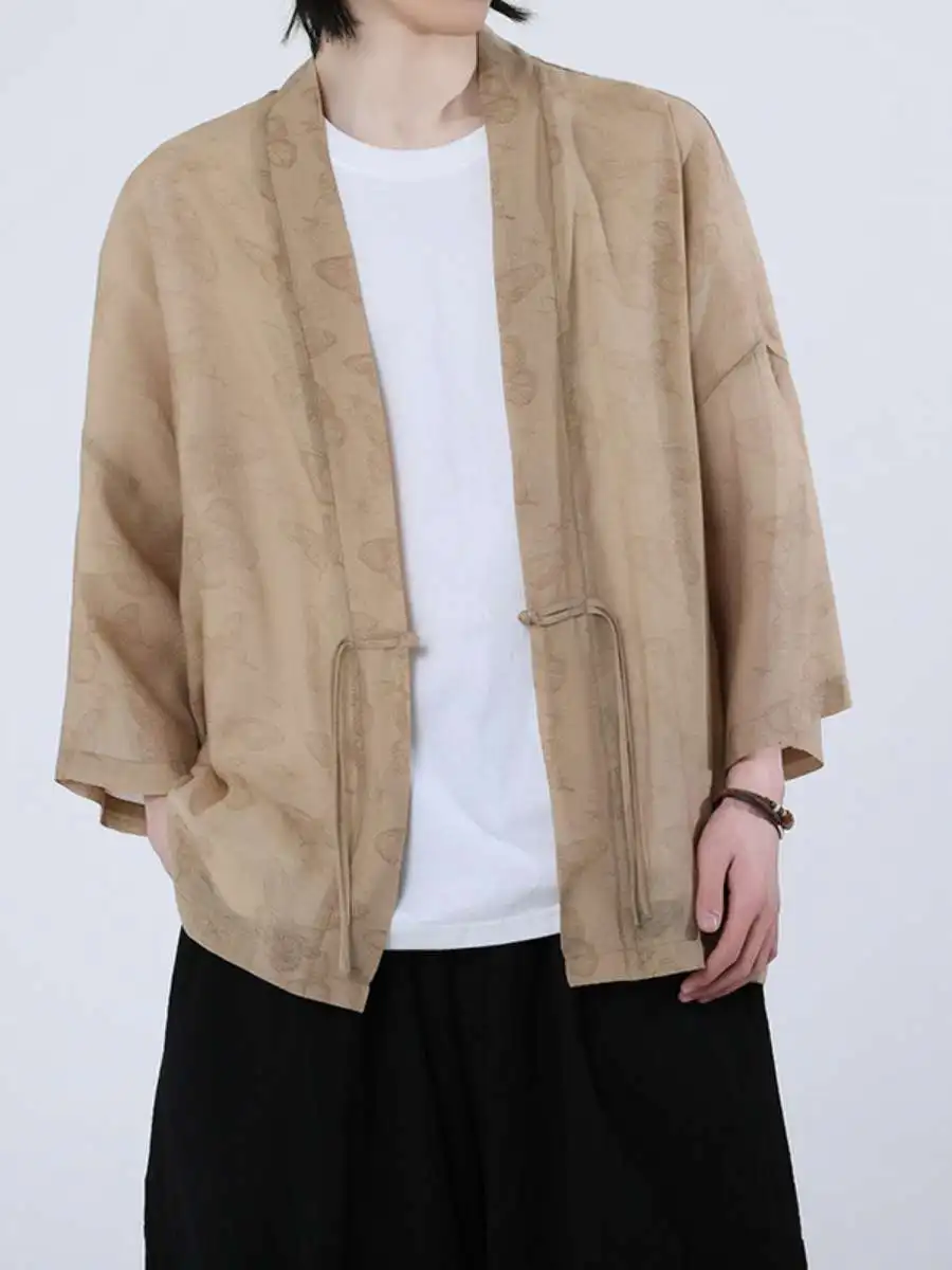 

Новая летняя модная мужская куртка-ханьфу: легкая, с защитой от солнца, в новом китайском стиле, открытый кардиган, повседневная, хлопковая, больших размеров