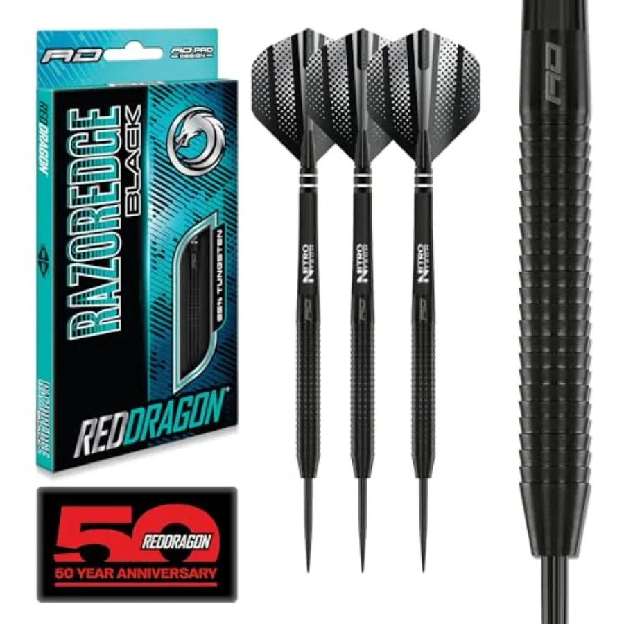 

Дротики Razor Edge Black 20г, 22г, 23г, 24г, 26г, 28г со стальным наконечником или 18г с мягким наконечником, вольфрамовые, с перьями и стержнями
