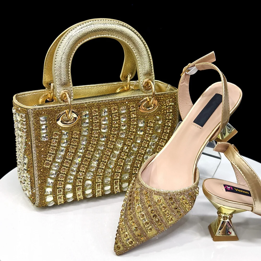 European Style Rhinestone Woman Sandal Shoes And BagTo Match Set New Coming Fashionable Pumps Shoes And Bag Set For Party
