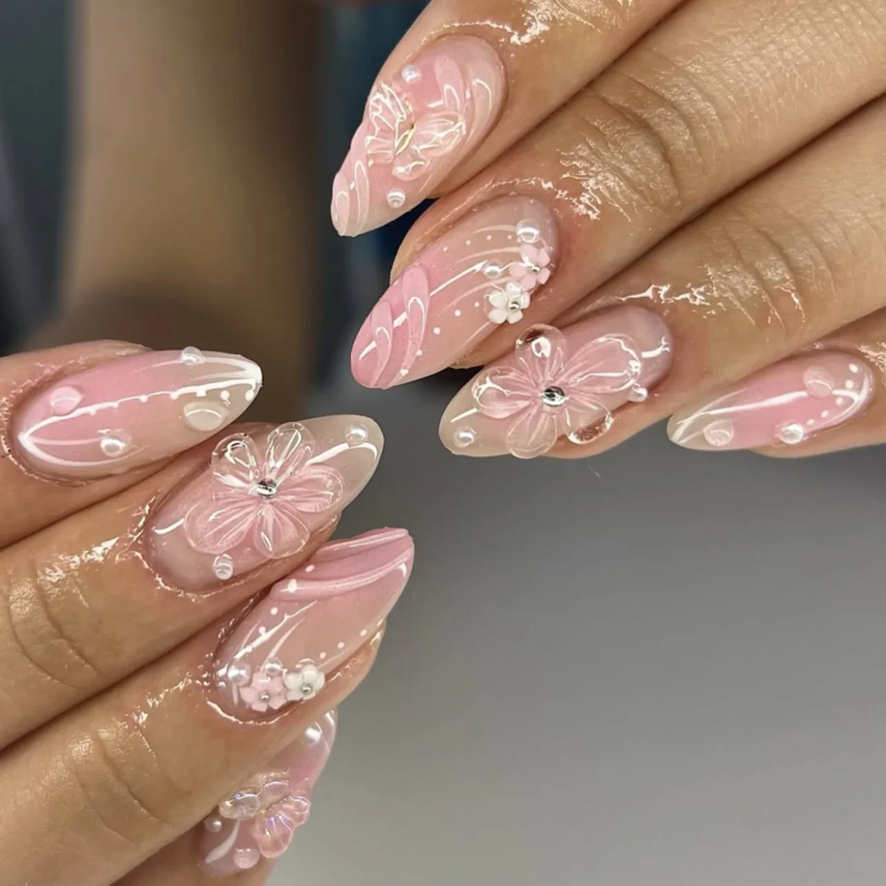 3D Bare Powder Wear Armor Short Flower Pearl Nail Art Almond Armor Flash False Nail Pieces