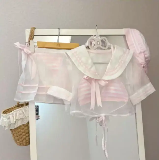 Original Sailor Swimsuit New Summer Sweet Girls Women's Pink Split Swimswear Cute Striped 5 Piece Set Sexy Bikini Suit