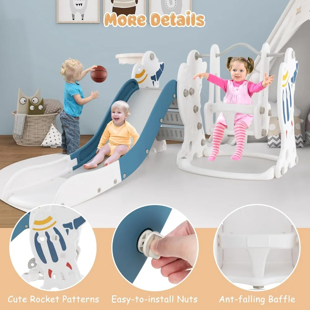 幼児用4-in-1スイング＆スライドセット（ロケットテーマ）、クライマー、バスケットボールフープ、ボール付き
