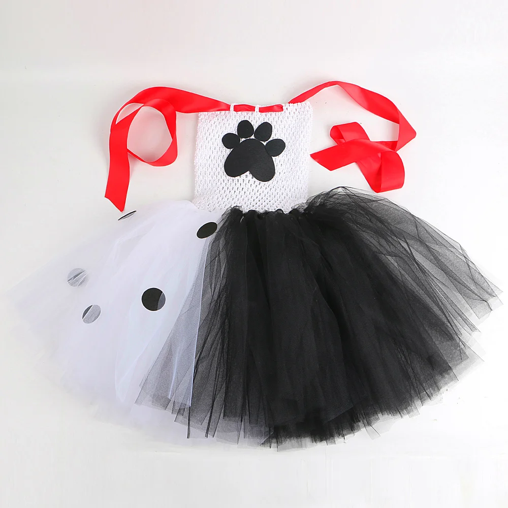 Girls Black White Spotted Dog Tutu Dress Halloween Costume Toddler Puppy Outfit Set Children Party Clothing 6