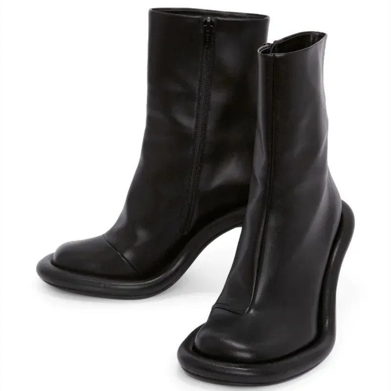 

European and American Spring and Autumn Stiletto Denim Round Head Long Boots for Women Punk Style Short Tube Side Zipper Shoes