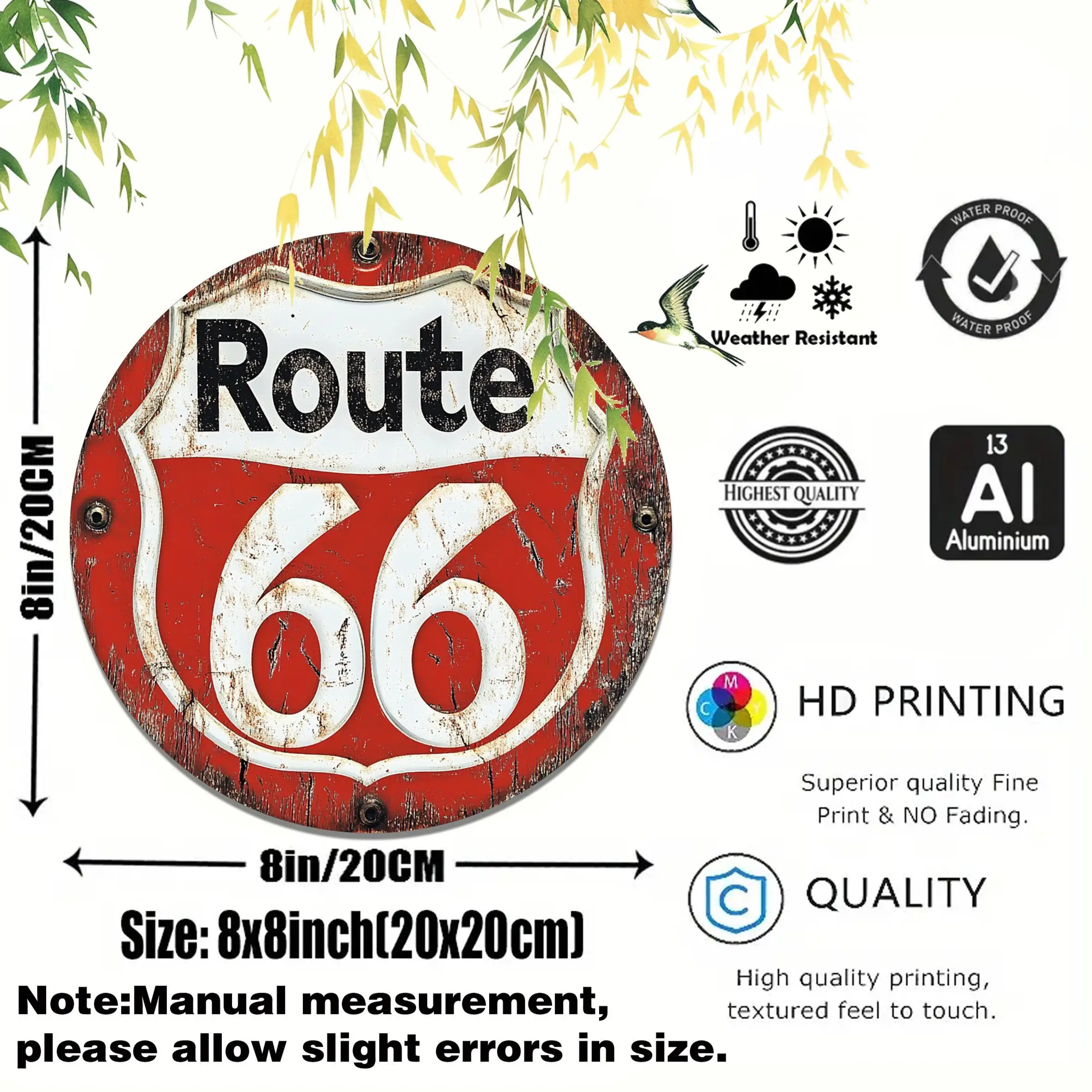 2D Flat, 1pc Vintage Route 66 Round Aluminum Metal Sign Wall Art - 20.32x20.32 cm Retro Americana Decor for Home, Bar, Kitchen,