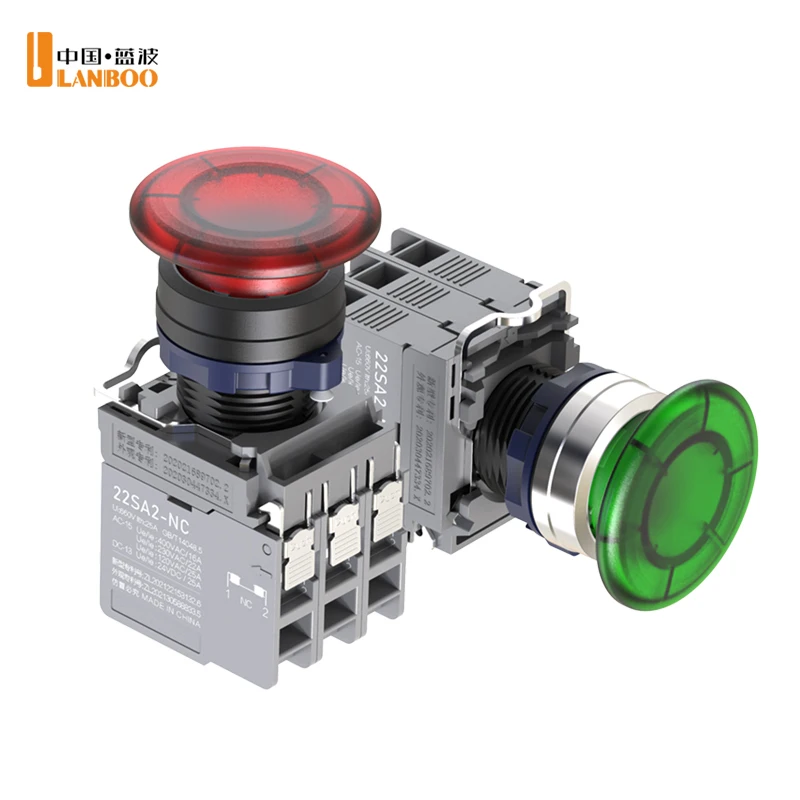 LANBOO 22MM with led 25A high current plastic mushroom head Latching or momentary push button switch 1NO1NC 2NC 2NO2NC Screw pin