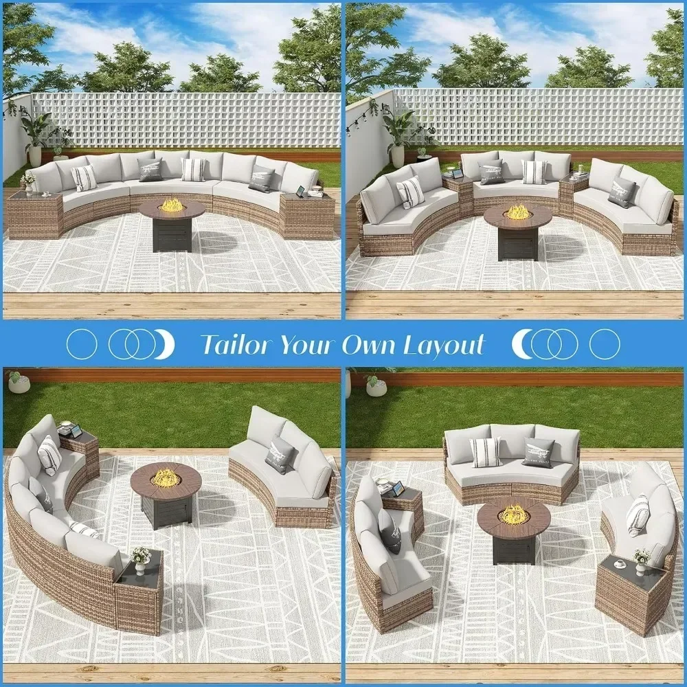 Patio Furniture Sets,11 Piece Half-Moon Sectional Round Sofa Set, Outdoor Patio Furniture with Cushions & Wedge Table image 4