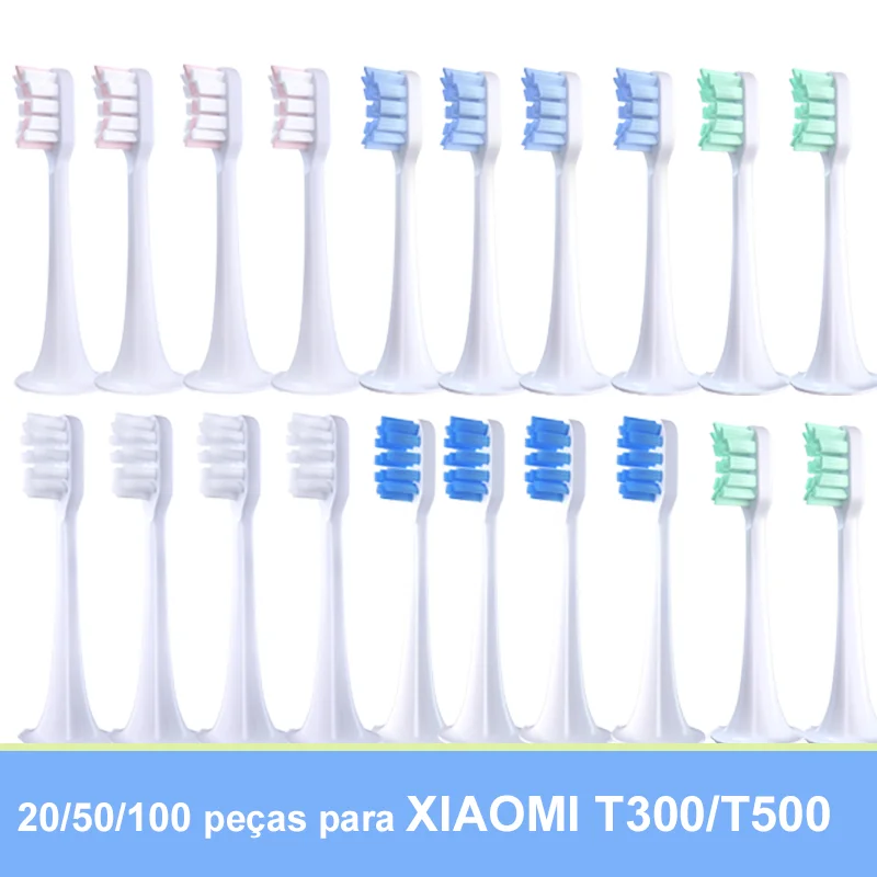 20/50/100 pçs substituição cabeças de escova para xiaomi t300/t500 sonic oral care macio cabeças escova de dentes elétrica vácuo por atacado dupont