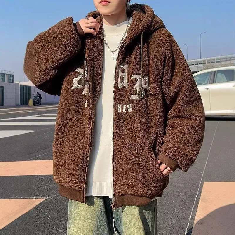 

Мужская осенне-зимняя куртка с капюшоном из овечьего флиса, свободного кроя, повседневная, теплая, на молнии, с длинными рукавами, с наполнителем из полиэстера
