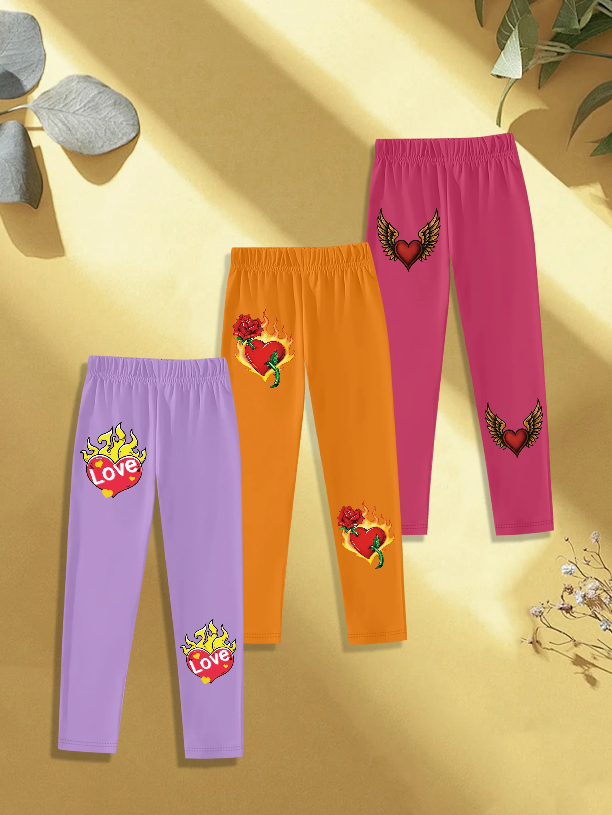 3 pieces: Autumn Girls Leggings Cute Cartoon Heart Rose Wings Print Sweet Kids Bottoms