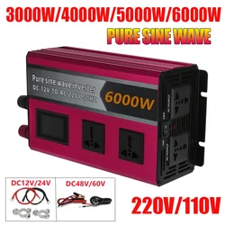 3000W/4000W/5000W/6000W Pure Sine Wave Inverter 12V/24/V/ 220V 110V Voltage Converter Car Solar Power Inverter Universal Outlet