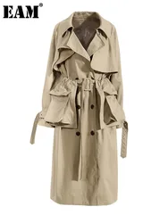 [EAM] Women Khaki Pocket Big Size Long Trench New Lapel Long Sleeve Loose Fit Windbreaker Fashion Spring Autumn 2024 1DF0635