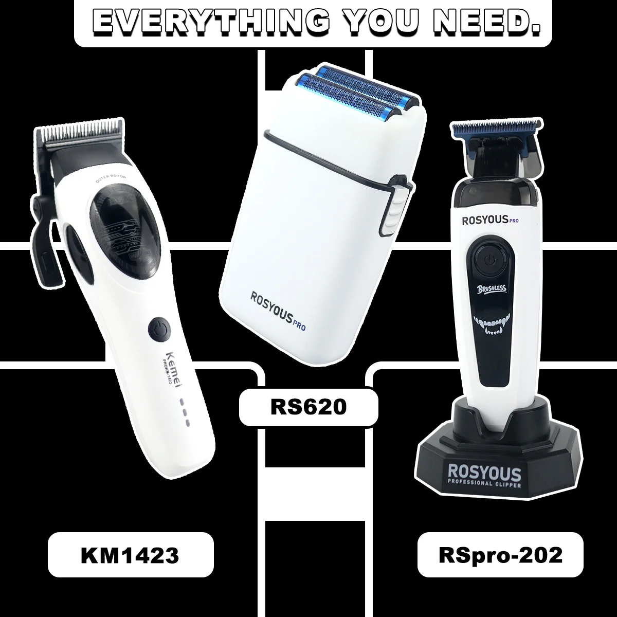 kemei-rosyous-electric-hair-clipper-combo-set-brushless-motor-men's-haircut-machine-professional-barber-km-1423-rspro-202-rs-620
