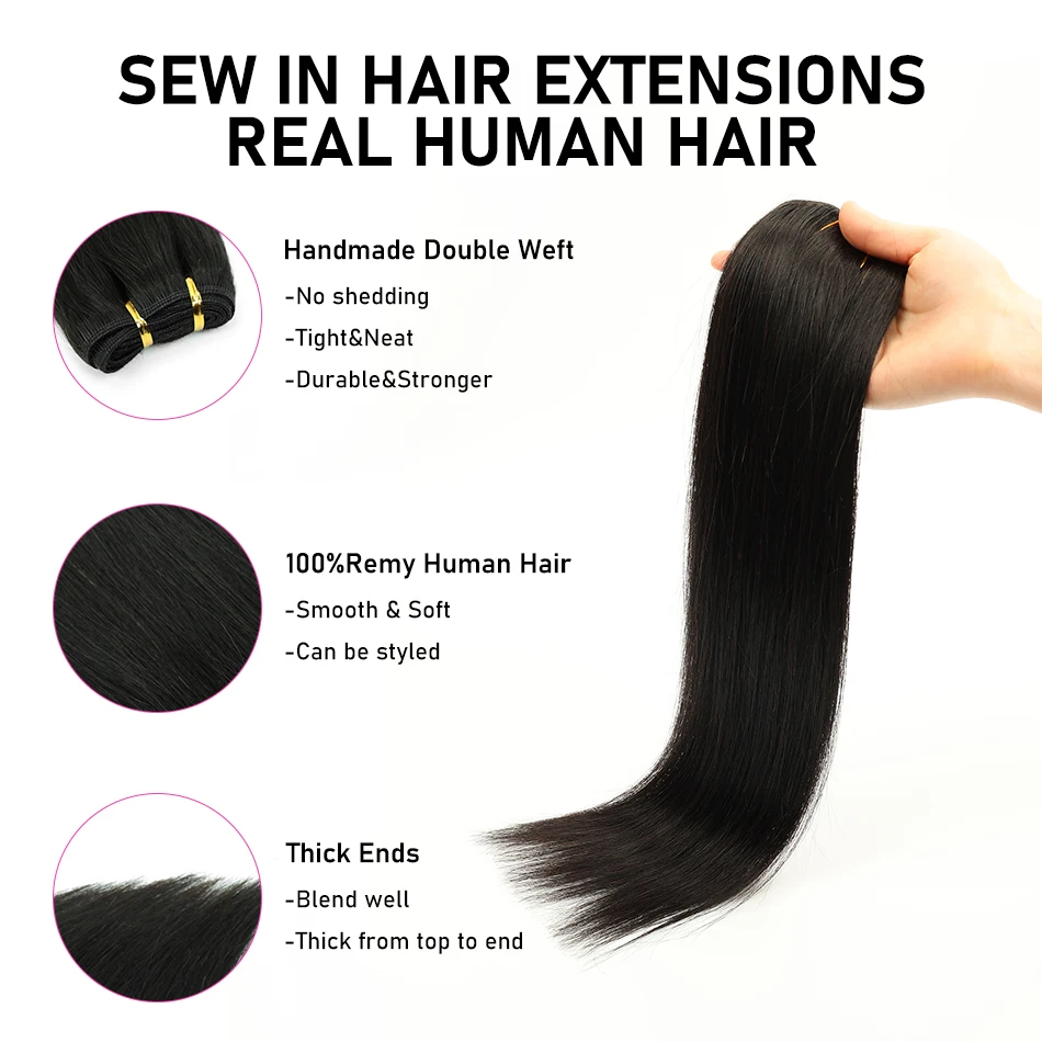 SMATE Weft Human Hair Extensions 100% Human Hair Extensions Sew In Hair Extensions Straight Remy Hair 16-22 Inches Natural Black