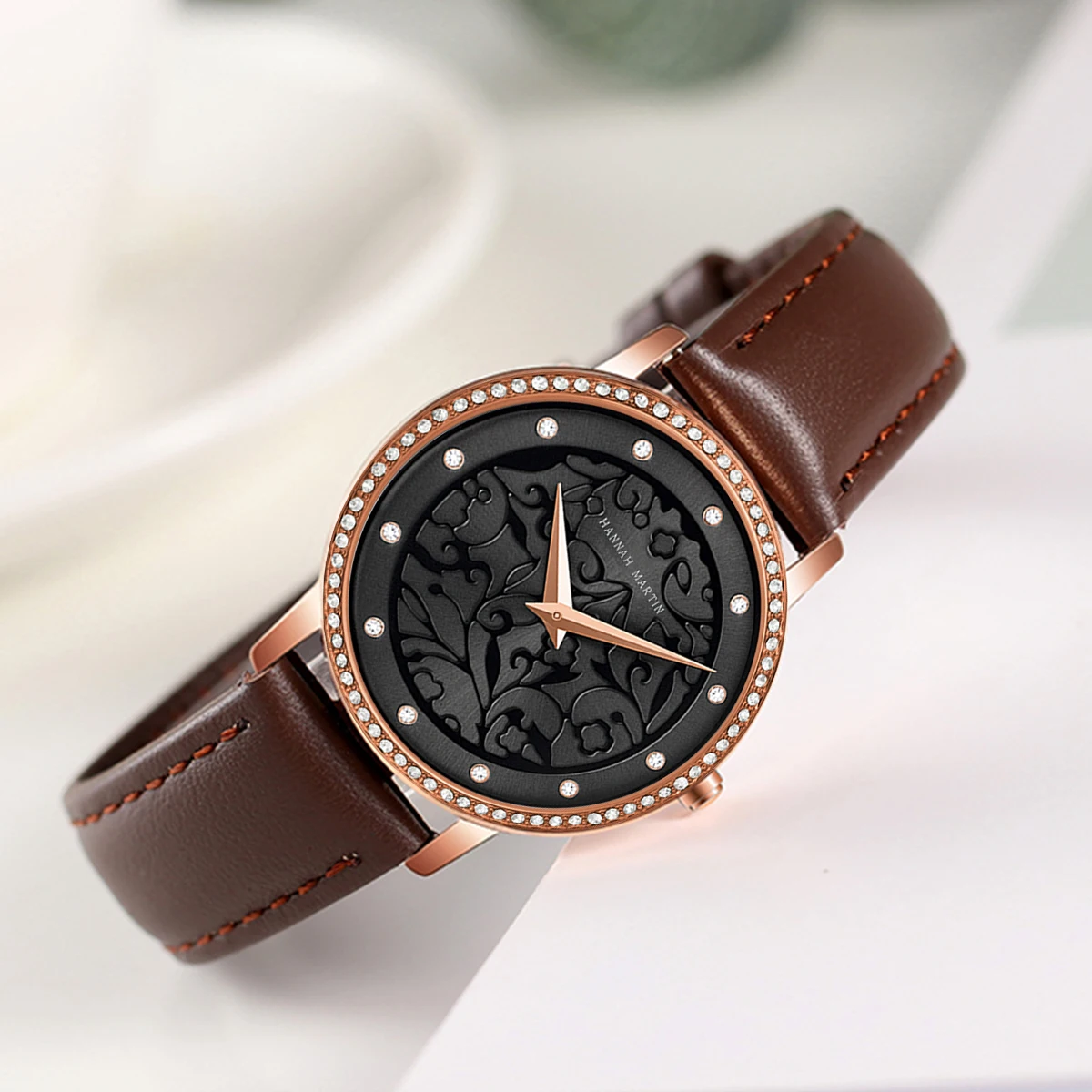 Women Watch Japanese Movement Genuine Leather 34mm Rose Gold 3D Sculpture Clock Casual Fashion Rhinestone Women's Dress Watches